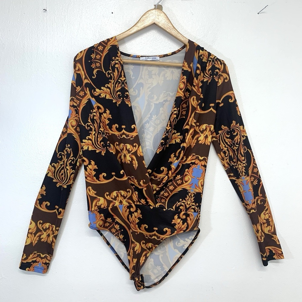 Zara Chain Print Body Suit Long‎ Sleeve Small Deep V Neck Stretch Black Gold